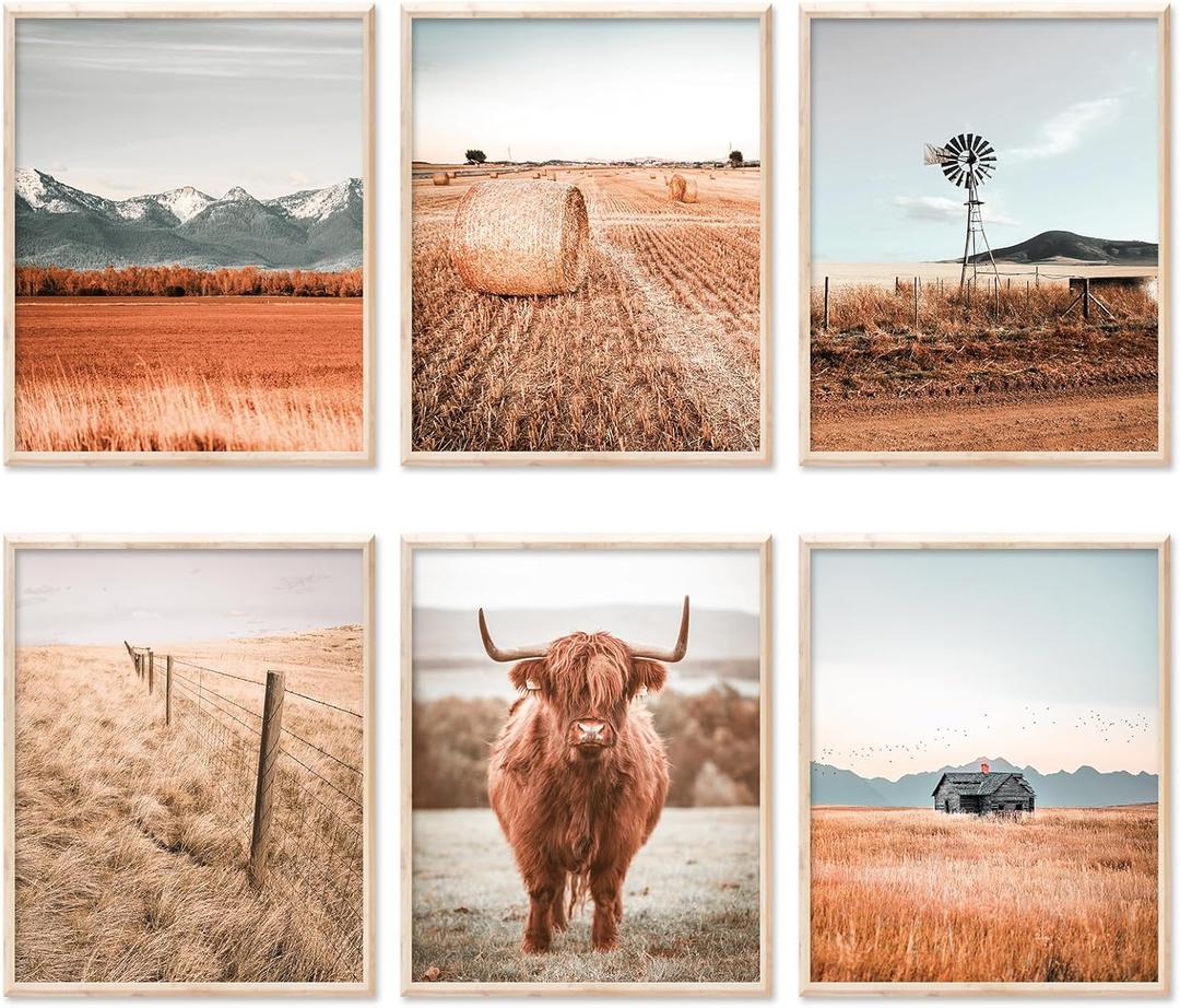 Whaline 6Pcs Highland Cow Wall Art Prints Farmhouse Rural Landscape Wall Decor Windmill Cornfield Art Poster for Gallery Bedroom Living Room (UNFRAMED 8 x 10in)