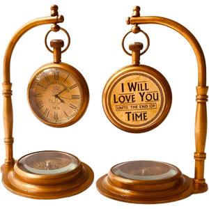 ALADEAN Brass Table Clock with Compass | Romantic Desk Clock - Decorative Vintage Mechanical Clock Lovers Boyfriend/Husband Birthday/Wedding Gifts (Love You)