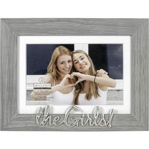 Malden International Designs 4x6 or 5x7 The Girls! Distressed Expressions Picture Frame Silver Finish The Girls! Word Attachment Gray Textured Wood Grain Finish MDF Frame White Beveled Mat
