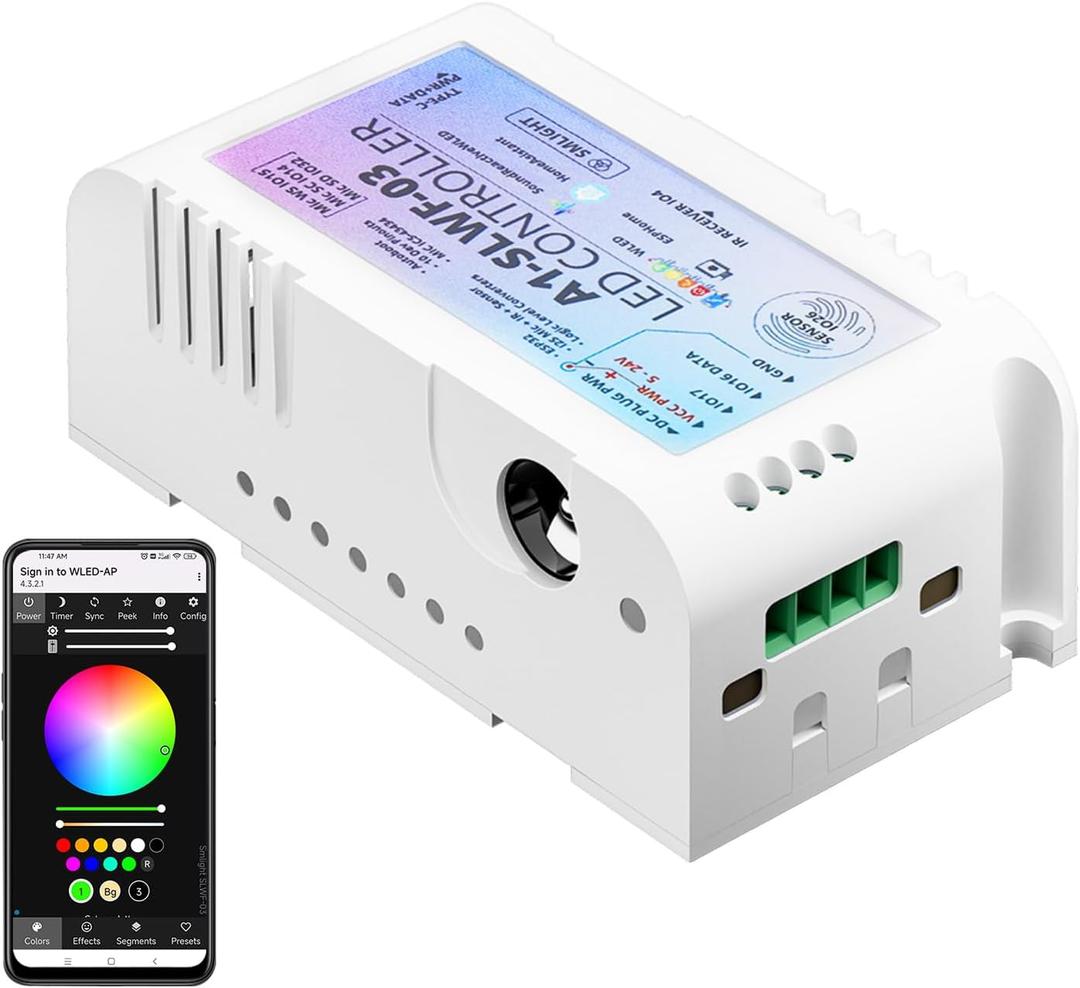 SMLIGHT Smart Wifi LED Strip Controller A1-SLWF-03 Powered by WLED Support Home Assistant, Digital Microphone, Internal Wi-Fi, IR receiver and Sensor Button built-in, for WS2811 WS2812B