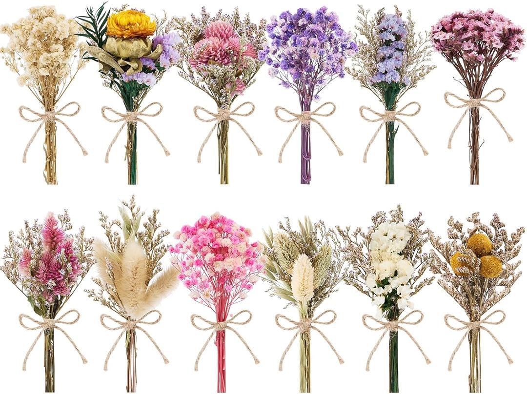 12 PCS Charming Dried Flowers Bouquet for Vase Various Dried Wildflowers with Stems Mini Handmade Wildflowers Natural Real Flowers Bulk Flowers Craft (Various Series, 12 PCS)