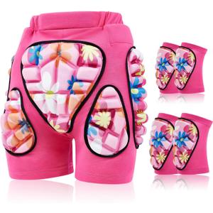 Lewtemi 3 Set Protective 3D Padded Hip EVA Short Pants Knee Pads Elbow Set Winter Protection Hip Pads Thick Non Slip Knee Sleeve Elbow Guard for Men Women Kid Ski Ice Skating (Small, Pink)