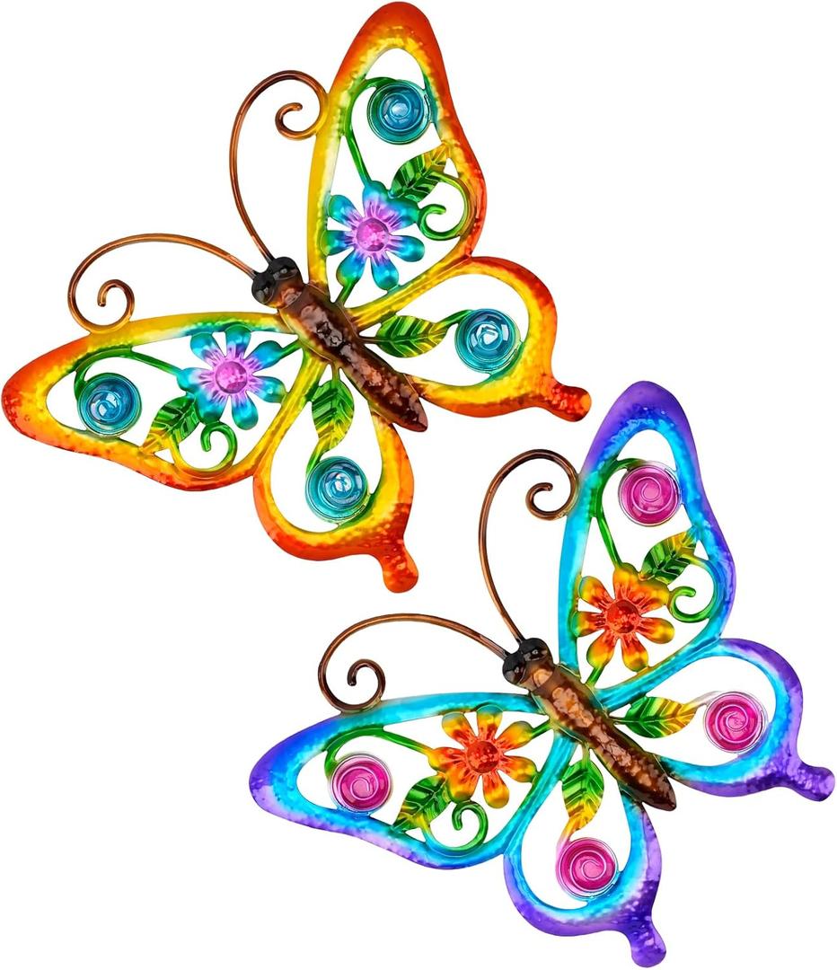 YIWEMON 2 Pack Metal/Glass Butterfly Wall Decor, 14.2" Outdoor Fence Wall Art Decor, Wall Sculpture Hanging Decoration Perfect for Garden Yard Living Room Bedroom Patio Balcony