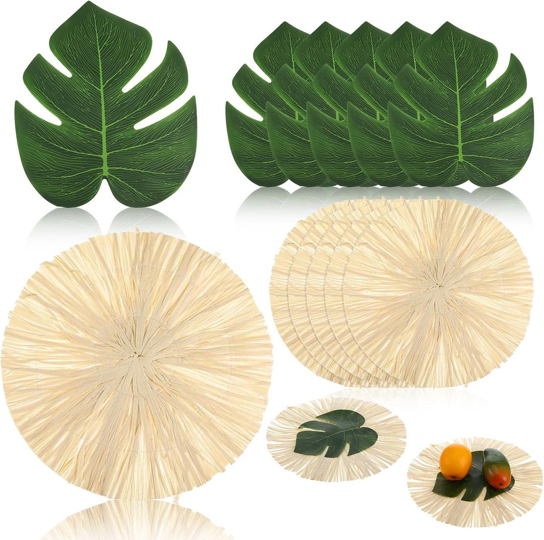 12 Pcs Tropical Luau Placemats Set, 6 Round Fringe Place Mats and 6 Palm Leaf Place Mats for Hawaiian Party Decor, Summer Beach Theme Table Settings