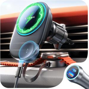 LISEN for 18W Magsafe Car Mount Charger, 2 in 1 Fast Charging Station Retractable Apple Watch Car Charge, Magnetic Wireless Car Charger Fit iPhone 16 Pro Max 15 14 13 and All Apple Watch SE Ultra