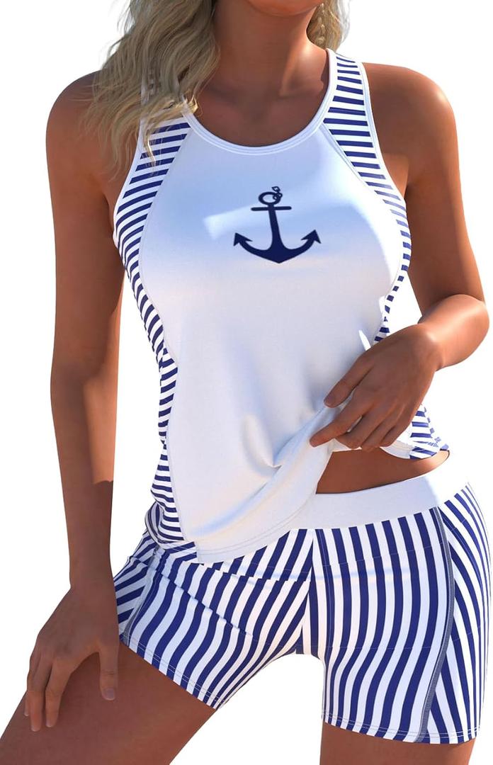 MODLILY Sporty Tankini Swimsuits for Women, Cut Out High Stretch Bathing Suits, Slim Tank Top with Boyshorts (Blue, XXL)