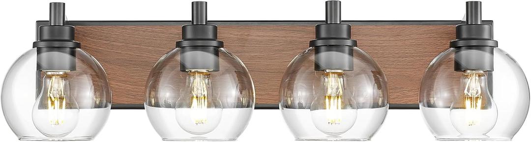 Bathroom Light Fixtures, 4-Light Black and Faux-Wood Finish Bathroom Vanity Light, 26 Inch Farmhouse Wall Sconces with Globe Clear Glass Shade, Vanity Lighting Fixtures Over Mirror, VL195-WB-4,  Black and Faux-Wood, Clear Glass