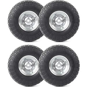 AR-PRO (4-Pack) 10-Inch Solid Rubber Tire Wheels - Replacement 4.10/3.50-4" Flat Free Tire with 5/8" Bearings, 2.2" Offset Hub - Perfect for Lawn Garden Cart, Hand Truck, Wheelbarrow, Utility Cart (Silver)