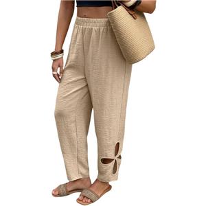 SOLY HUX Women's Boho Hollow Out Elastic High Waist Baggy Wide Leg Pants Casual Palazzo Trousers (L)