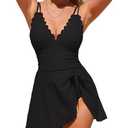 Charmo One Piece Swimdress Swimsuit for Women Tummy Control Swimdress Skirt Bathing Suit Scalloped Swimwear Black M