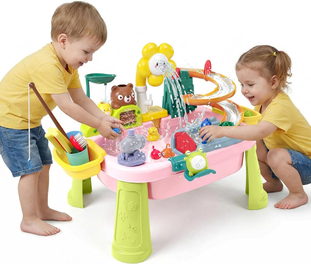 OKPOW Water Table for Toddlers 1-3 with Pump  Sand & Splash Sensory Play Sink, Outdoor Backyard & Indoor Kitchen Fishing Playset Toy with Running Water, Tool-Free Assembly, Birthday Gift for Kids (Pink)