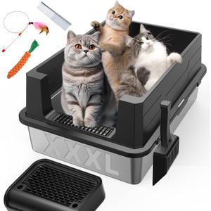 XXXL Stainless Steel Litter Box with Footboard,Extra Large 28" L x 20" W Metal Litter Box for Big Cats & Multiple Cats with High Sided, Anti-Leakage, Non-Sticky, Easy Cleaning, Include Scoop