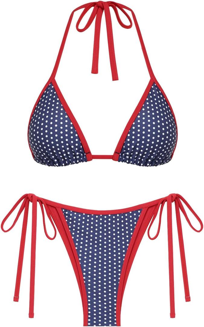 seamoly Contrast Binding Textured Halter Triangle Tie Side Bikini Set, Large