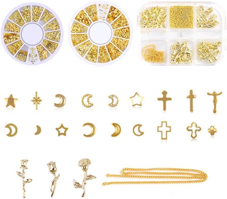 3 x 3 Boxes Gold Nail Charms with Gold Star, Moon, and Rose Charms for Nails - Includes Gold Beads and Chain