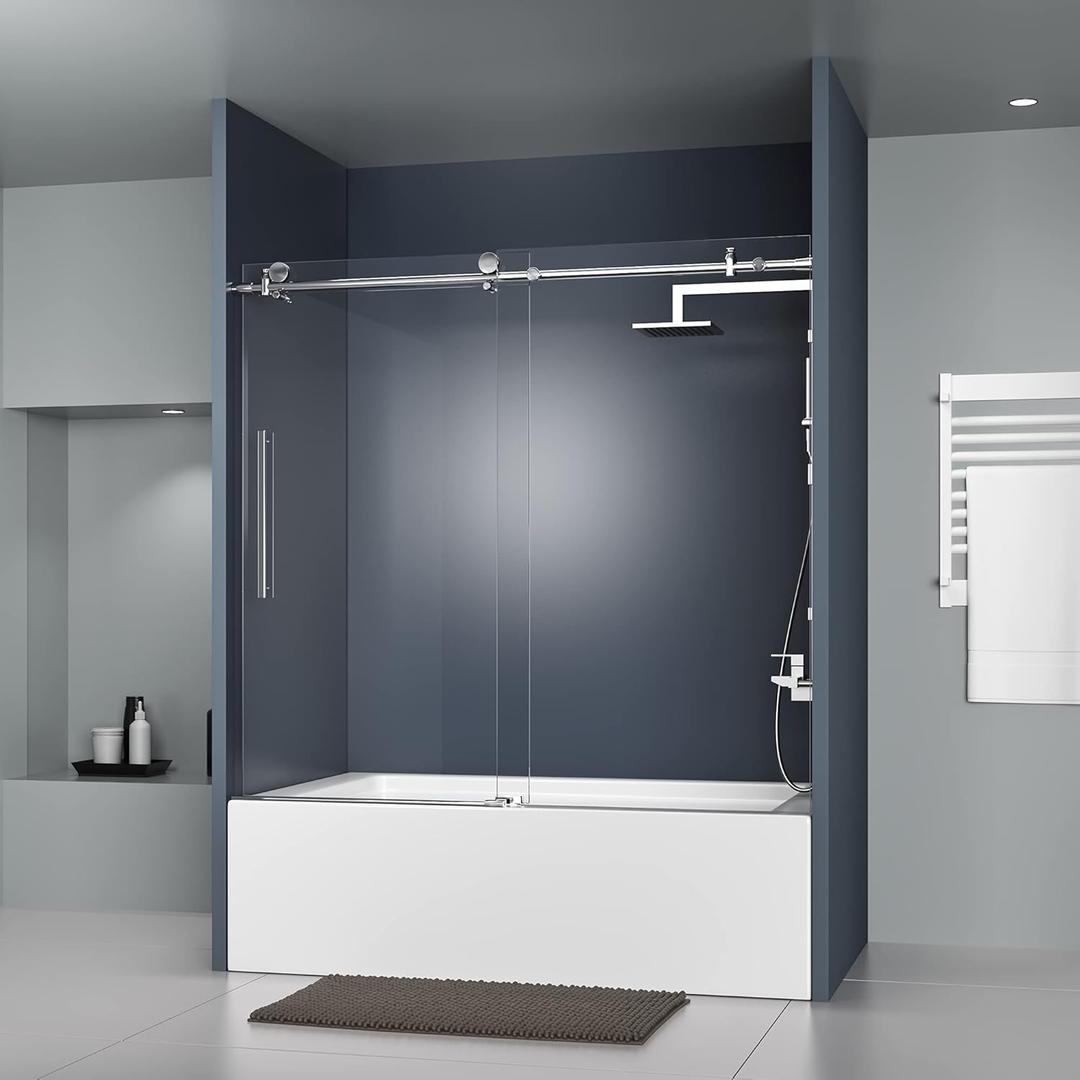 DELAVIN Frameless Tub Shower Door, 56-60" W x 59" H Bathtub Door, SGCC Certified Clear Tempered Glass with Explosion-Proof Film, Easy to Clean, Stainless Steel Guide Rail, Sliver