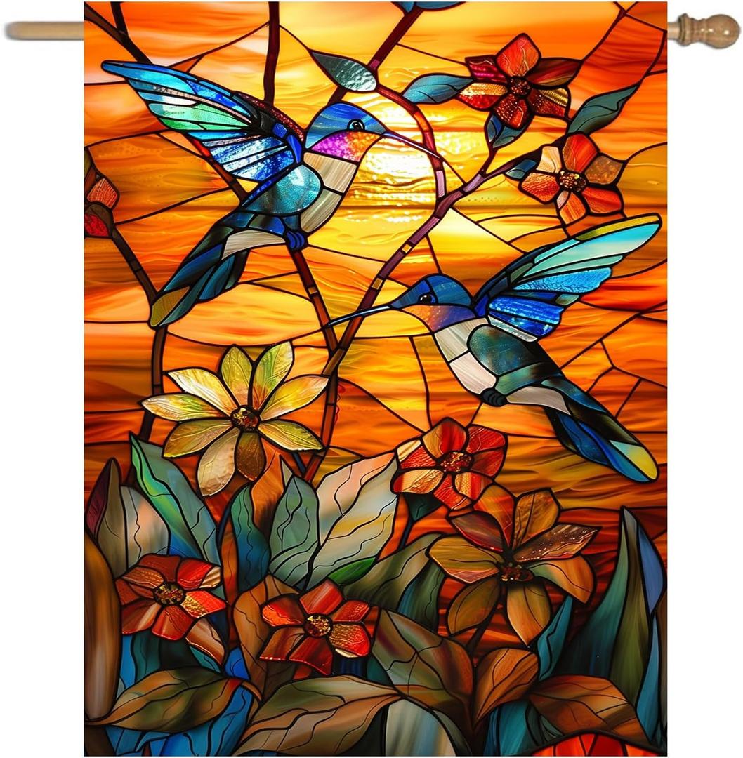 Stained Glass Hummingbird Garden Flag Spring Summer House Flag Fall Floral Decorative Yard Flags for Outside 28x40 Double Sided Large Seasonal Lawn Flags Rustic Outdoor Decor