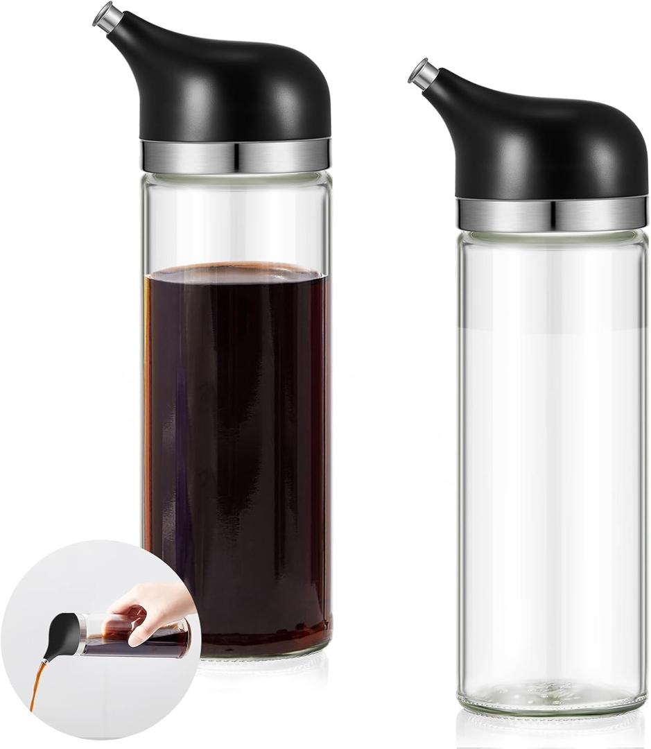 2 Pcs Cruet Dispenser Set 8 oz, Black Glass Soy Sauce Dispenser, Small Olive Oil and Vinegar Bottles, Soy Sauce Bottle, Non Drip Spout Cruet Bottle Container for Kitchen Cooking