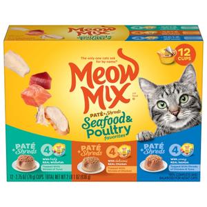 Meow Mix Pat & Shreds Wet Cat Food Variety Pack, Seafood & Poultry Favorites, 2.75 Ounce Cup (Pack of 12) (EXP 09/20/26)