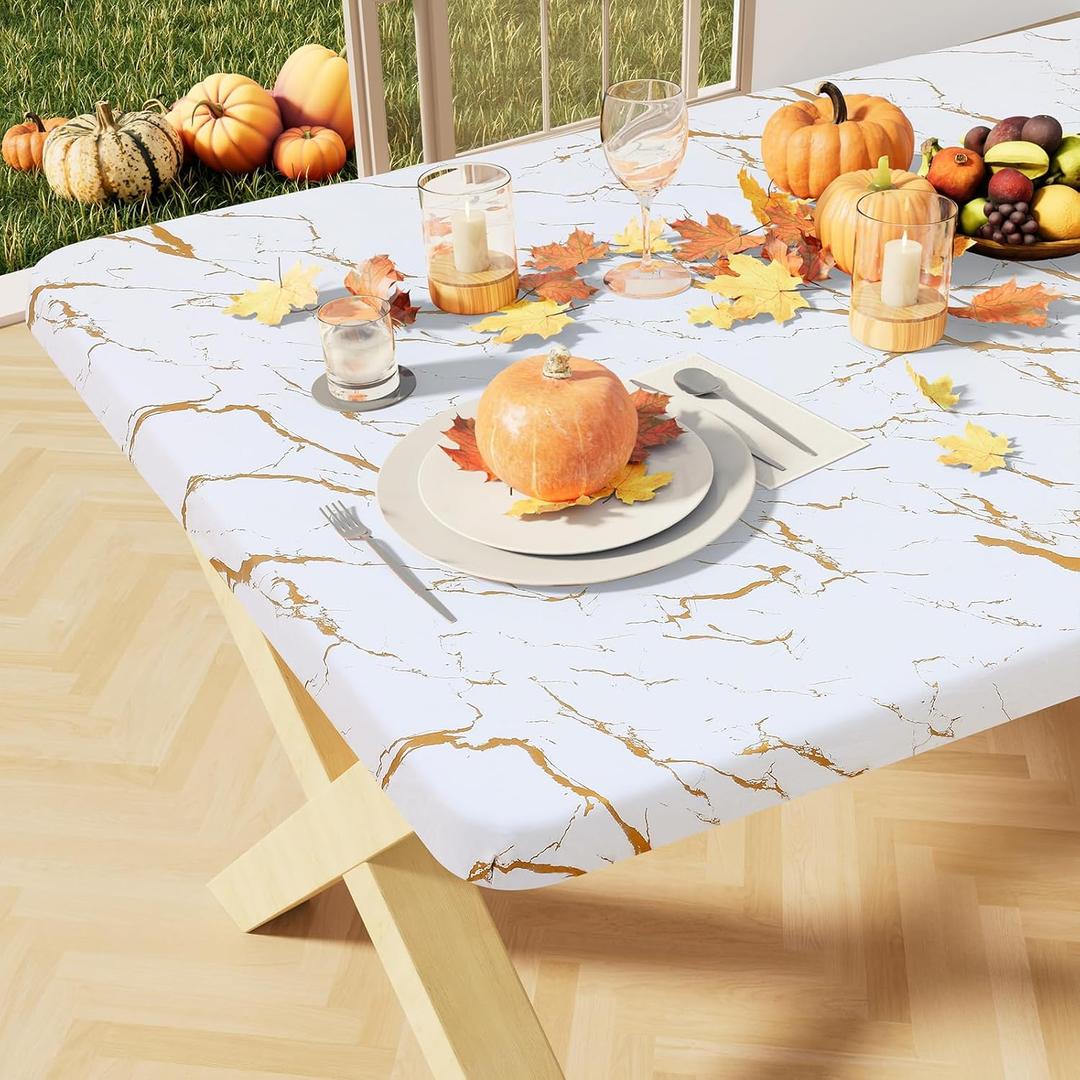 misaya Rectangle Vinyl Flannel Backed Tablecloth, Elastic Waterproof Fitted Table Cover, Plastic Table Cloth Fit 8 Foot Folding Tables for Picnic, Camping, Outdoor (White Gold Marble, 30x96 inch)