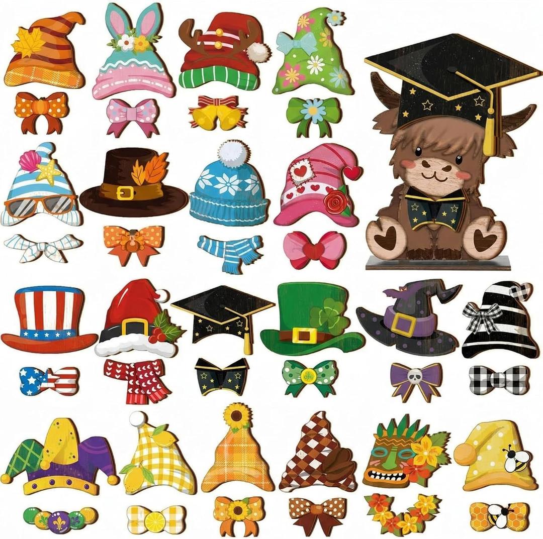 42 Pcs Interchangeable Highland Cow Graduation Gift Holiday Highland Cow Decor Seasonal Sign Farmhouse Rustic Wooden Desk Accessories Welcome Ornament Tiered Tray Decorations for Home Office