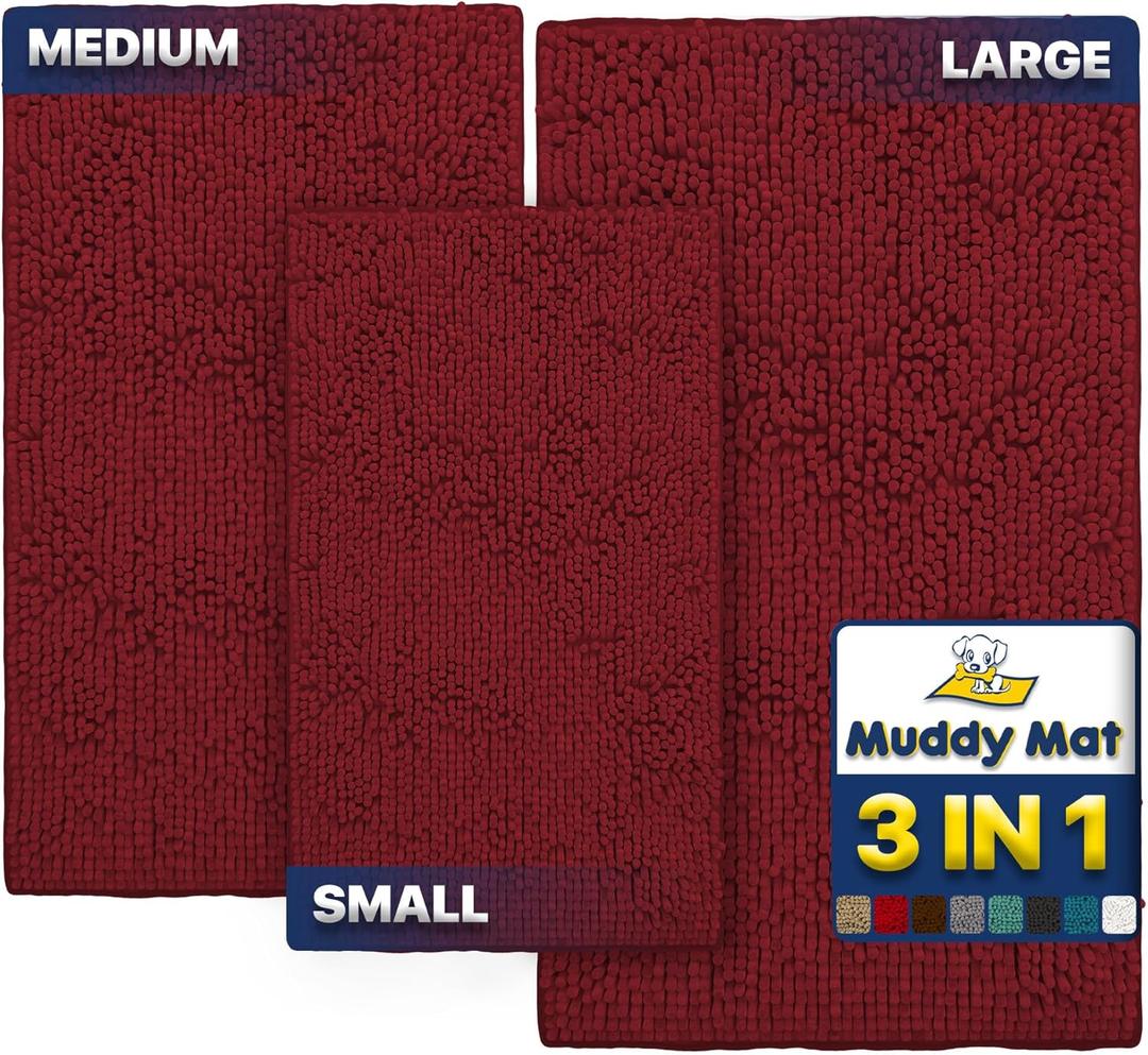 Muddy Mat Pack of 3 Highly Absorbent Microfiber Dog Door Mat and Pet Rug, Non Slip Thick Washable Area Mat Soft Chenille for Kitchen Bathroom Bedroom and Outdoor - Red Small, Medium & Large