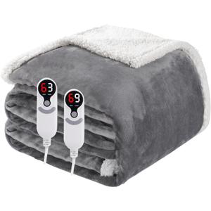 Electric Heated Blanket Queen Size 84"x90", Soft Flannel with Dual Controllers & Overheat Protection, 9 Adjustable Heat Settings & 10-Hour Auto-Off Timer, Fast Heating for Winter Comfort, Light Gray