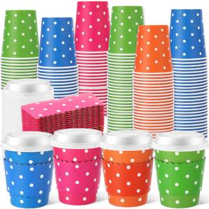 Mimorou 100 Set Polka Dot Disposable Coffee Cups with Lids and Sleeves 8 oz Colorful Paper Cup Drinkware for Spring Easter Party Baby Shower Supplies Hot Beverage Bar Decoration