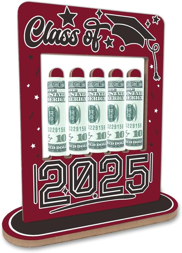 Graduation Money Holder Wooden Frame - Double Side Cash Holder for Class of 2025 Students - Creative Graduation Celebration Party Decoration Supplies - Keepsake Gift for Grads(Dark Red) - A05