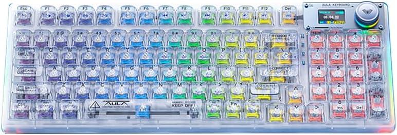 AULA F98 Pro Wireless Mechanical Keyboard with Transparent Keycaps,Hot-swappable,Pre-lubed Linear Switches,Gasket Structure,RGB Backlit,OLED Screen,BT5.0/2.4G/USB-C Wired Computer Keyboard