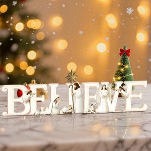 Christmas Nativity Scene Believe Word Sign Resin Christmas Table Mantle Decor Freestanding Jesus Angel Tabletop Sign Religious Gift for Christian Xmas Indoor Desktop Mantle Decoration 2.8 x 9 Inches