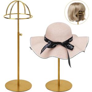 Hat Display Stand Titanium Gold Hat Stand, Set of 2, Height Adjustable Cap Rack Display, Fingerprint Resistant Durable Stainless Steel Tabletop Cowboy Hat Holder Stands for Vendors Closet