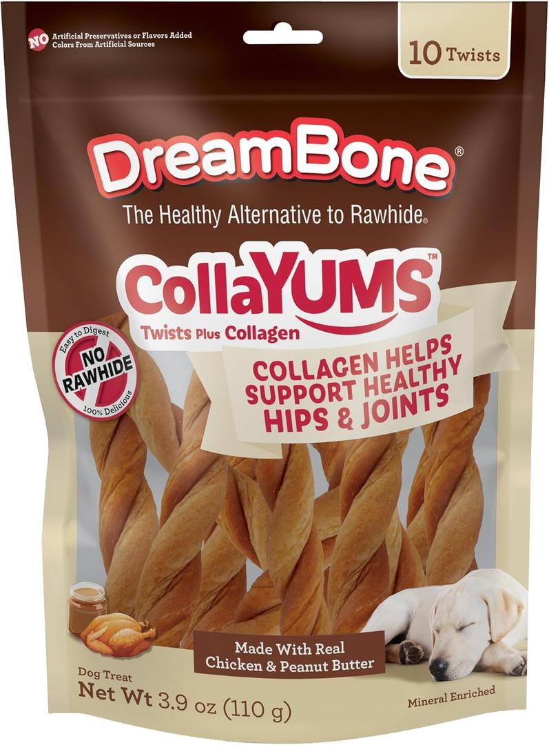 DreamBone CollaYUMS Twists Plus Collagen Rawhide-Free Dog Treats, 10 Count, BB Date 05/17/2028