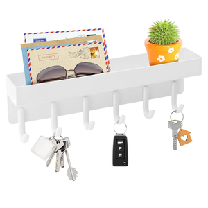 VIS'V Key Holder Wall Mount, Compact Adhesive Key Rack with Tray, 6 Hooks, 2 Mount Options, White