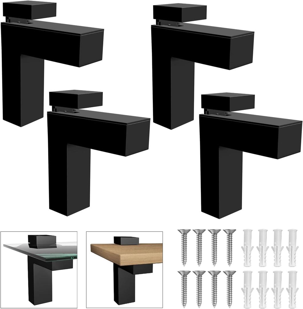 Heavy Duty Floating Wood/Glass Shelf Bracket 4 Pcs, Adjustable Glass Shelves Mounting Brackets for 3-28mm Thickness, Rust Resistant Zinc Alloy Clamp Support (25lbs Load) for Bathroom (Set of 4) (Black)