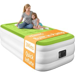 YENING Twin Size Air Mattress with Built in Pump Raised Single Inflatable Bed Blow up Mattressith Camping Airbed 18 Inch Tall (Green)