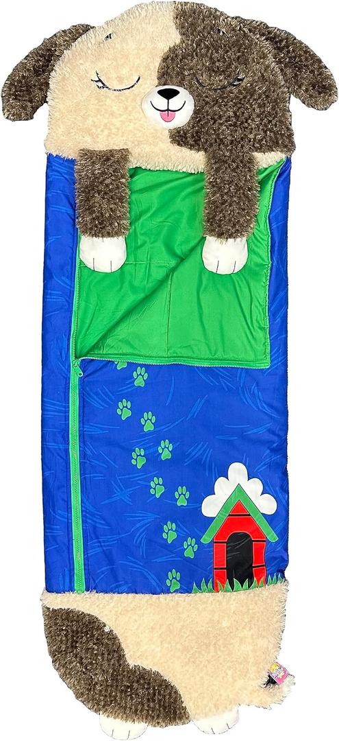 Happy Nappers Medium Hugsy the Puppy 2-in-1 Play Pillow & Sleepy Sack | Plush animal sleeping bag for kids age 3+. 54x20 in, ultra soft cozy material, machine washable portable nap companion