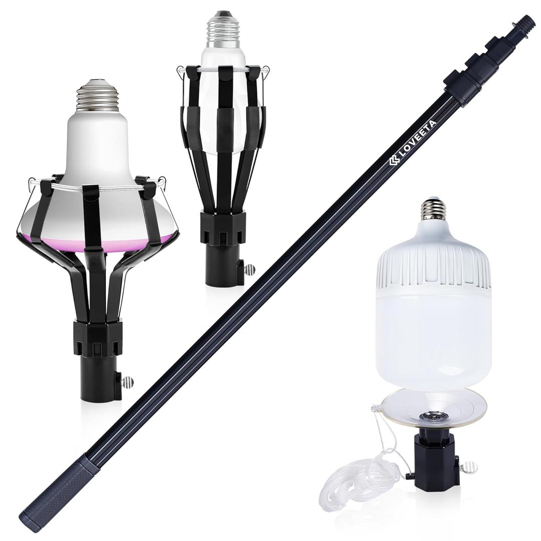 LOVEETA Gen2 12Ft [18Ft Reach] Extendable Light Bulb Changer Pole for High Ceilings  Telescopic Light Bulb Pole Changer with Bulb Gripper, Chandelier Lights - Jet Black