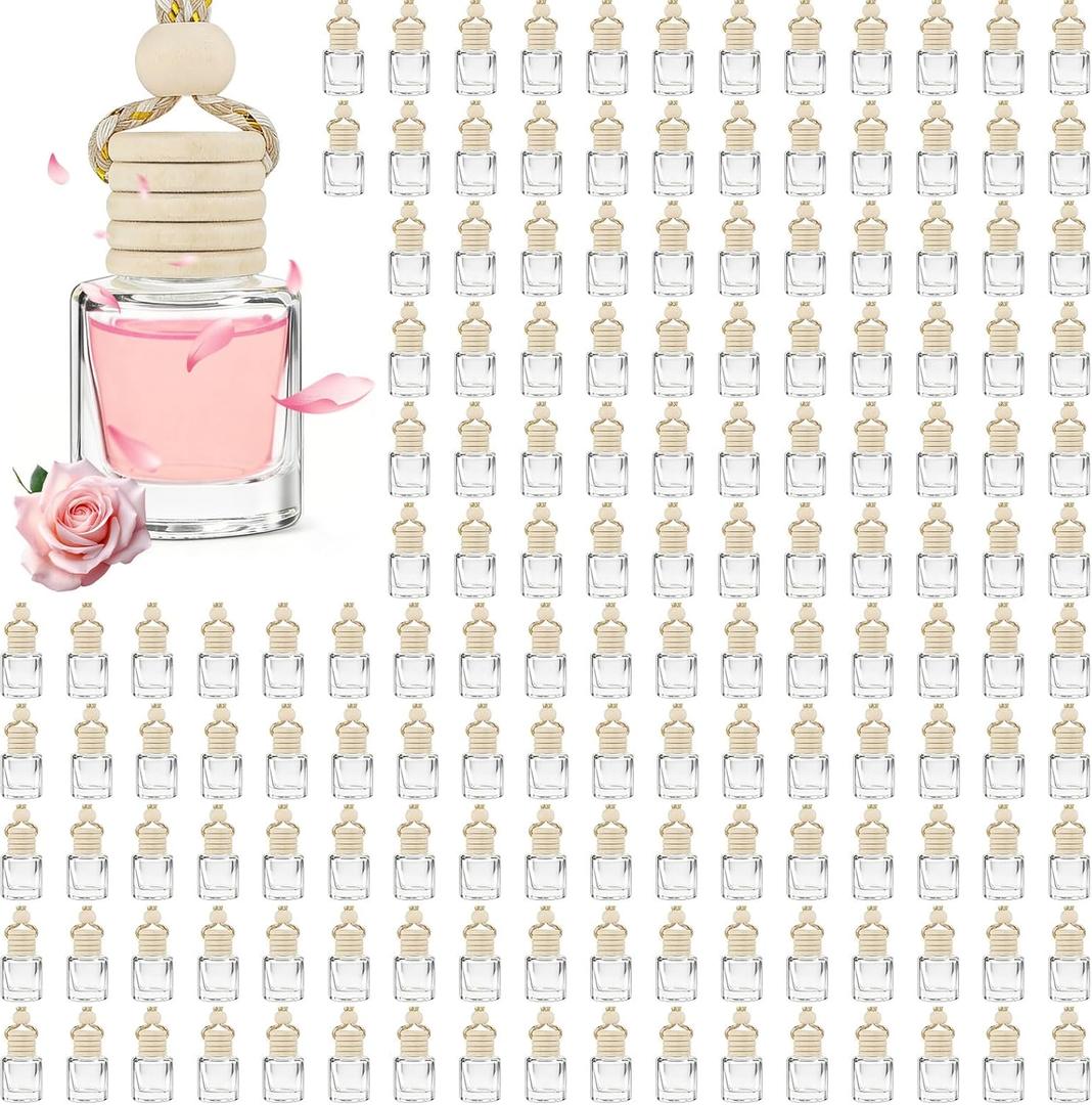240 Pcs Car Diffuser Bottle Set with Wooden Caps,Dropper and Funnel, Empty Glass Car Air Freshener Bottle Bulk Hanging Essential Oil Fragrance Pendants for Car DecorCan DIY Car Air Freshners Diffuser