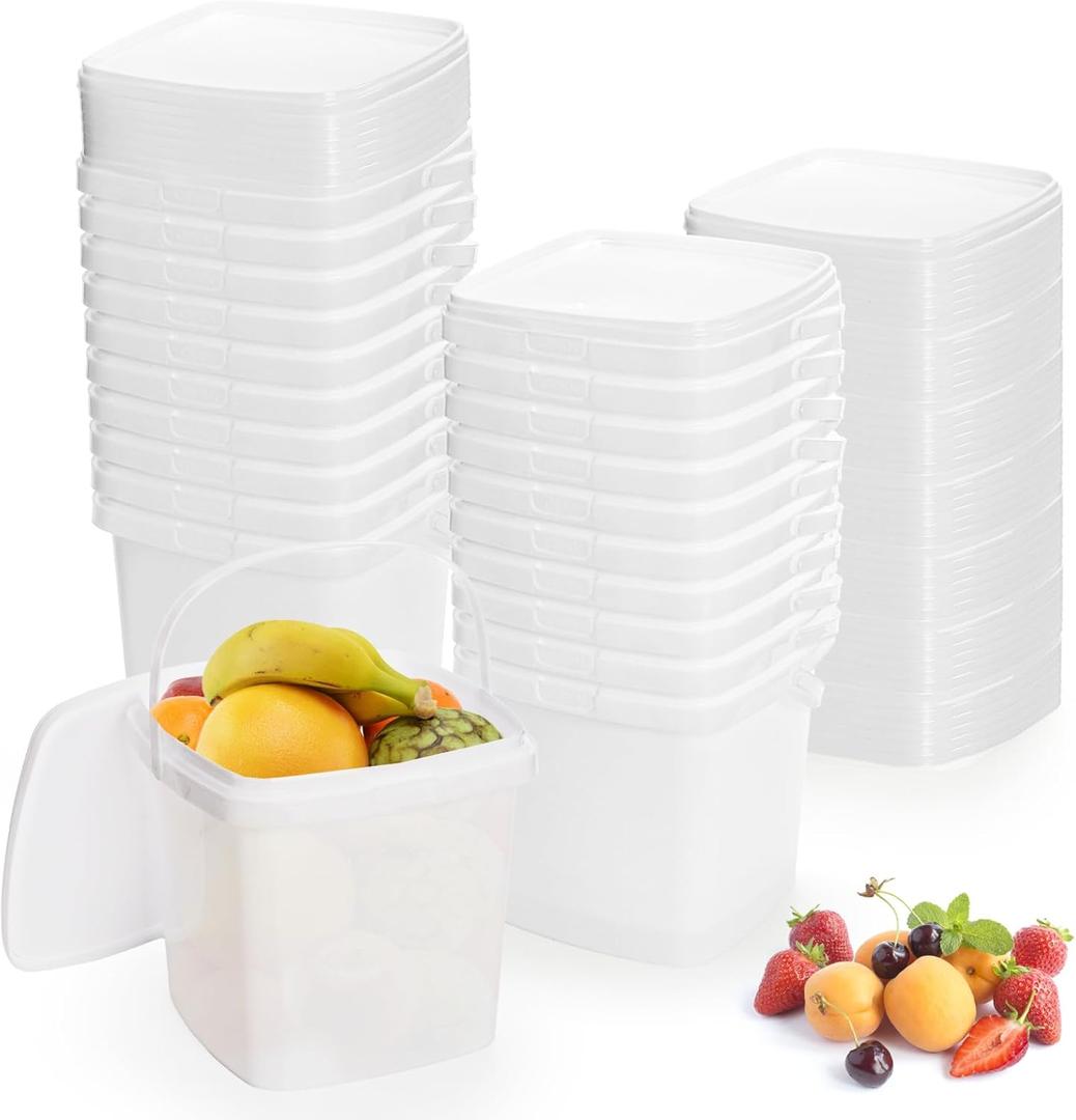 Yopay 20 Pack Plastic Bucket with Lid, 68 OZ Ice Cream Container with Handle, White Sealable Square Food Grade Deli Storage Pails for Pickles Paint Water, Art Crafts Projects