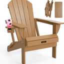 Plastic HDPE Adirondack Chair, Folding Adirondack Chair Weather Resistant with Cup Holder, Wooden Textured Fire Pit Outdoor Chair for Garden, Porch, Lawn, Backyard, Supports 380LBS, Teak (Pack of 1)