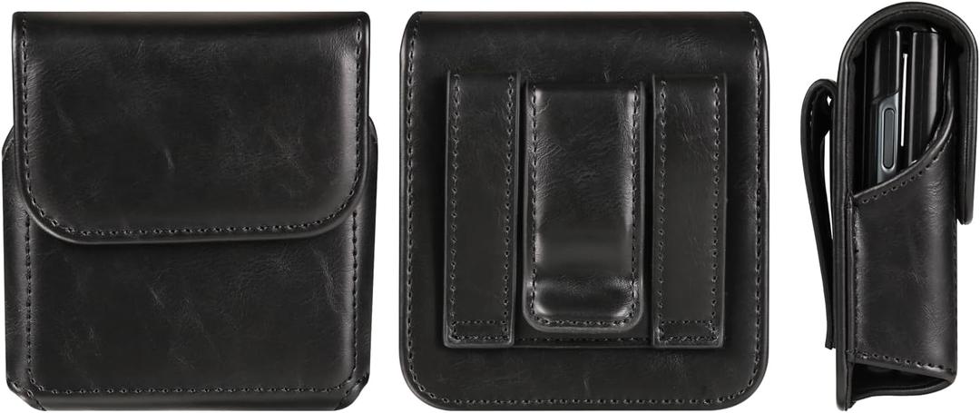 Compatible with Samsung Galaxy Z Flip 6/5/4/3/2/5G Belt Cell Phone Holder Men, Mobile Phone Belt Clip Holster Leather Smartphone Case with Belt Loop Belt Waist Purse Belt Bag with Carabiner Hook (Black)