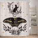 KOMLLEX Boho Cat Moth Shower Curtain for Bathroom Decor 60Wx72H Inches Vintage Tarot Sun Star Goth Gothic Mystic Moon Phase Witchy Floral Leaves Fabric Waterproof Polyester 12 Pack Hooks