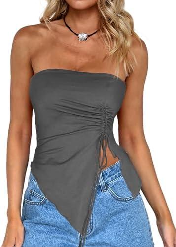 CSDAJIO Women's Drawstring Ruched Side Asymmetrical Tube Top Strapless Crop Top Going Out Shirt Drawstring Grey X-Small