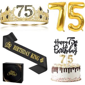 75th Birthday Gifts for Men, 75th Birthday Decorations for Men, Party Decor Supplies Including King Crown & Sash & Balloons & Cake Topper & Candles