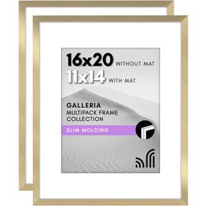 Americanflat 16x20 Picture Frame with Polished Plexiglass - Set of 2 - Use as 11x14 Frame with Mat or Display 16x20 Photo Without Mat - Galleria Collection - Picture Frames for Wall Display - Gold