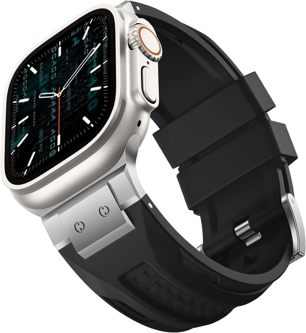 Compatible with Apple Watch Ultra Bands for Men 44mm 45mm 46mm 49mm 42mm, Silicone Strap with Stainless Steel Connector for iWatch Band Men Series 10/9/8/7/SE2/6/SE/5/4/3/2/1, Black