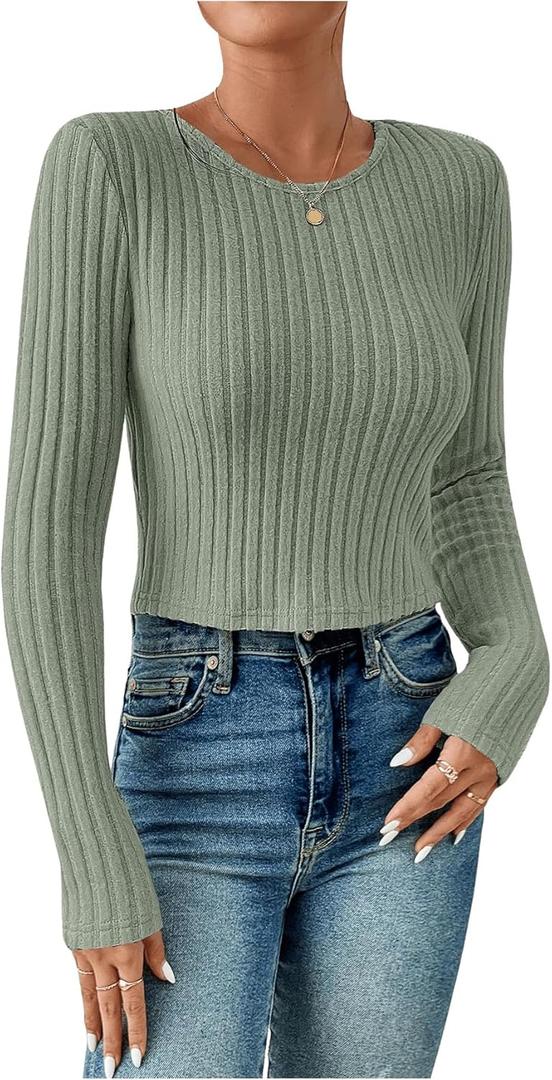 Women's Ribbed Knit Long Sleeve Crop Tops Crewneck Slim Fit Casual Tee Shirts Mint Green Small