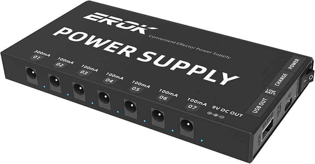 EROK Guitar Pedal Rechargeable Power Supply with Built-in 10000mAh,7 Isolated DC 9V (1x300mA, 6x100mA) Jacks, Guitar Bass Pedals,5V/1A USB Port, Rechargeable Battery Effect Pedal Power