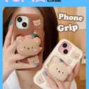 Kawaii 3D Teddy Bear Phone Case for iPhone 16 Pro (with Retractable Phone Stand & Grip) Cute Girly Cartoon Soft Silicone Phone Cover for Girls, Kids, Teens, and Women, Brown