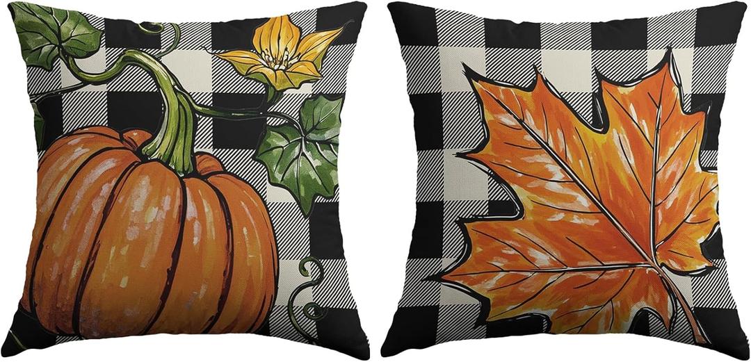 Fall Thanksgiving Pillow Covers 18X18 Set of 2, Pumpkin Maple Leaf Autumn Harvest Print Buffalo Plaid Decorative Throw Pillow Covers Outdoor Farmhouse Seasonal Cushion Cases Couch Sofa Bed Decor (Burnt Orange Black-plaid)